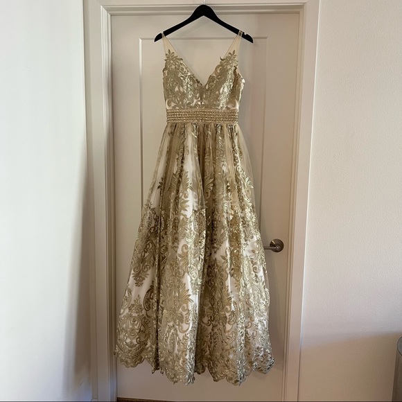 Gold Embroidered Tulle Evening Gown Dress - Picture 8 of 9